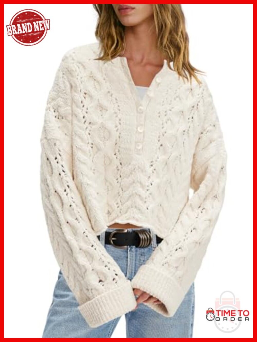 Cable Knit Cropped Oversized Sweater Half Button Pullover Chunky Bell Sleeves